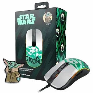 Mouse RGB USB GAMING EDICIÓN LIMITADA GROGU PRIMUS PMO-S203GR GLADIUS12400T WRD W/LIGHT con Diseño de STAR WARS, color BLANCO-AQUA