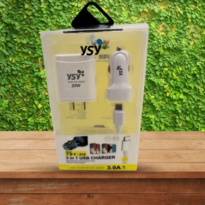Combo cargador 3 en 1 YSY-212, color blanco, Cargador de pared- para carro (para colocar en la cigarrera)