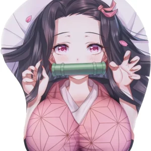 Mouse Pad diseño NEZUKO KAMADO, Color blanco/rosa, ergonómico, con almohadilla para la muñeca de gel suave 3D.
