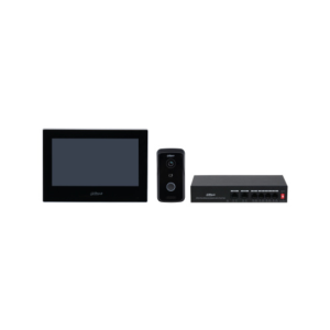 Kit De Videoportero Dahua DHI-KTP03 / 2MP / Monitor De 7″ / Frente De Calle IP65 Con Visión IR / Apertura Remota / Control De 1 Puerta / Switch PoE De 4 Puertos 10/100 / 2 Puertos Uplink / Color Negro
